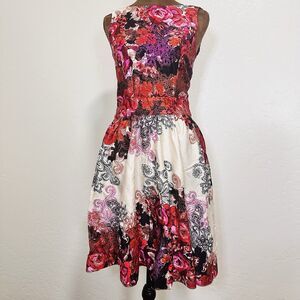 Elegant Floral Midi Dress - Red and Purple